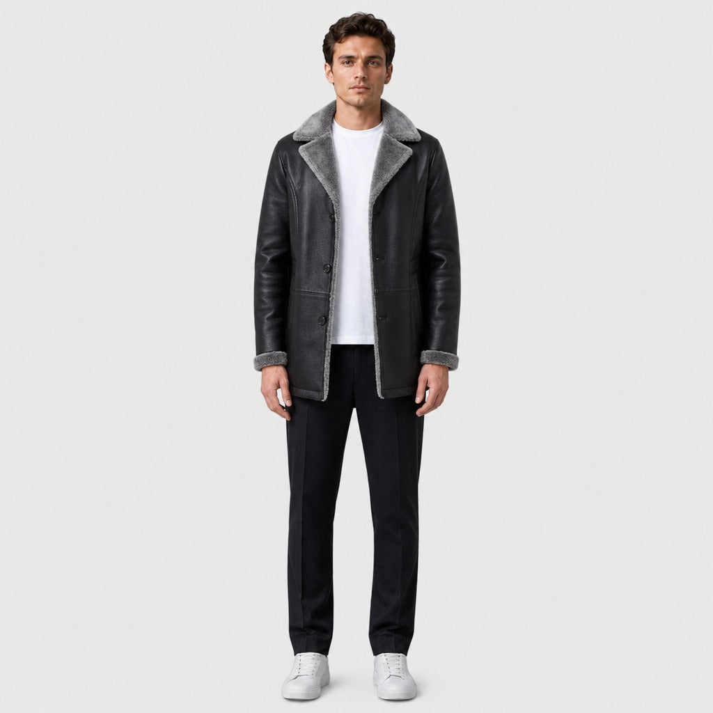 Men’s Faux Leather Blazer with Fleece Lining Black full length