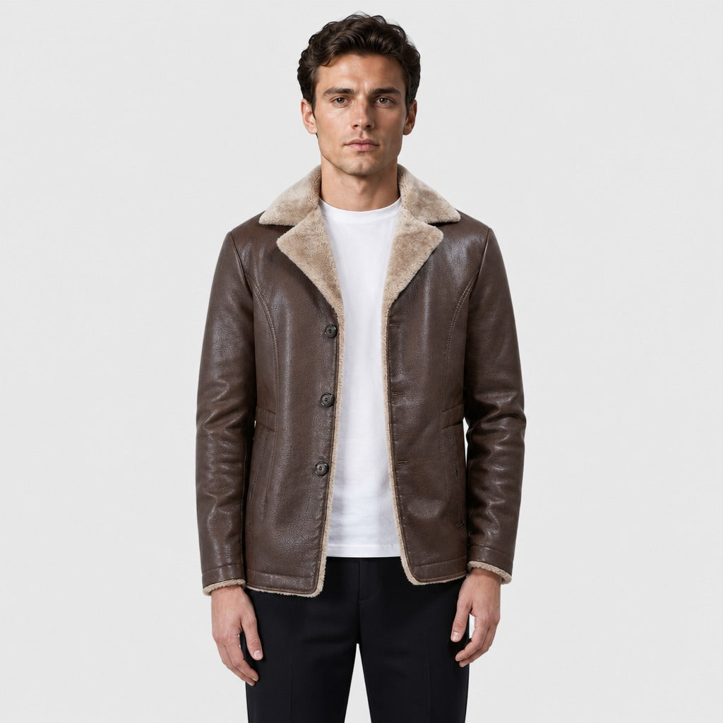 Men’s Faux Leather Blazer with Fleece Lining Brown