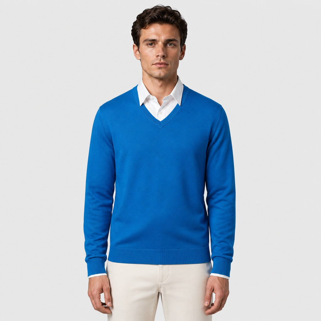 Men’s Fine Wool Blend V-Neck Jumper Blue