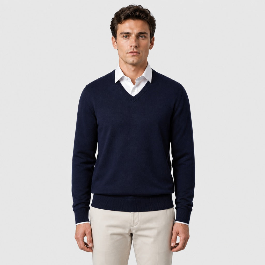 Men’s Fine Wool Blend V-Neck Jumper Navy Blue