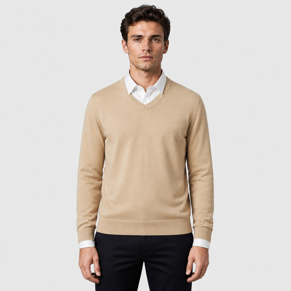 Men’s Fine Wool Blend V-Neck Jumper Camel