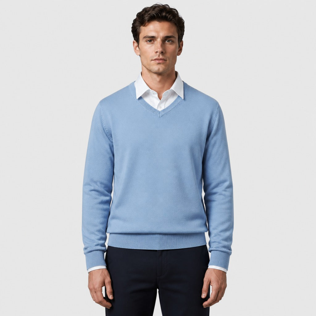 Men’s Fine Wool Blend V-Neck Jumper Light Blue