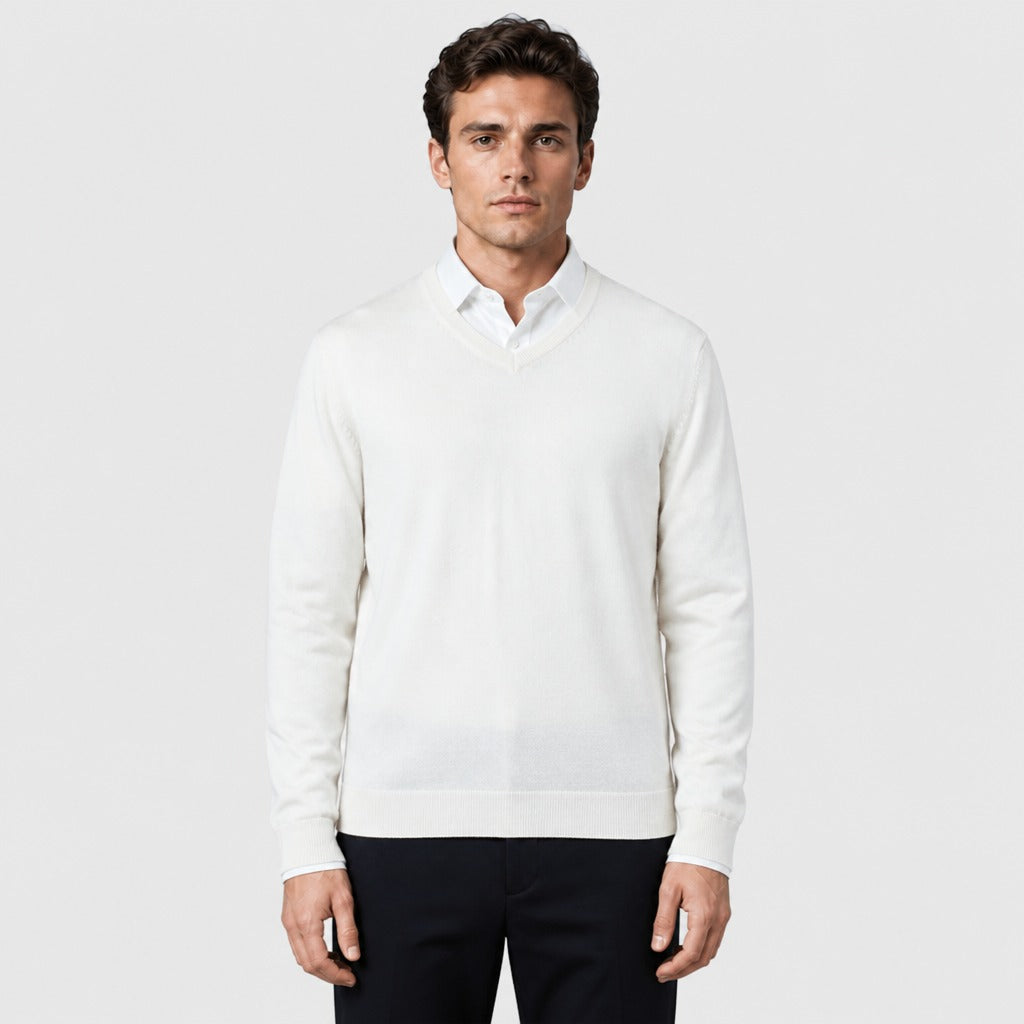 Men’s Fine Wool Blend V-Neck Jumper White