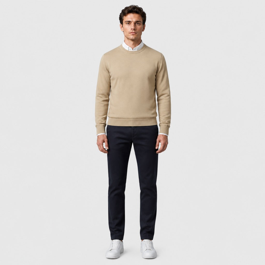 Men’s Fine Wool Crew Neck Jumper Beige full length
