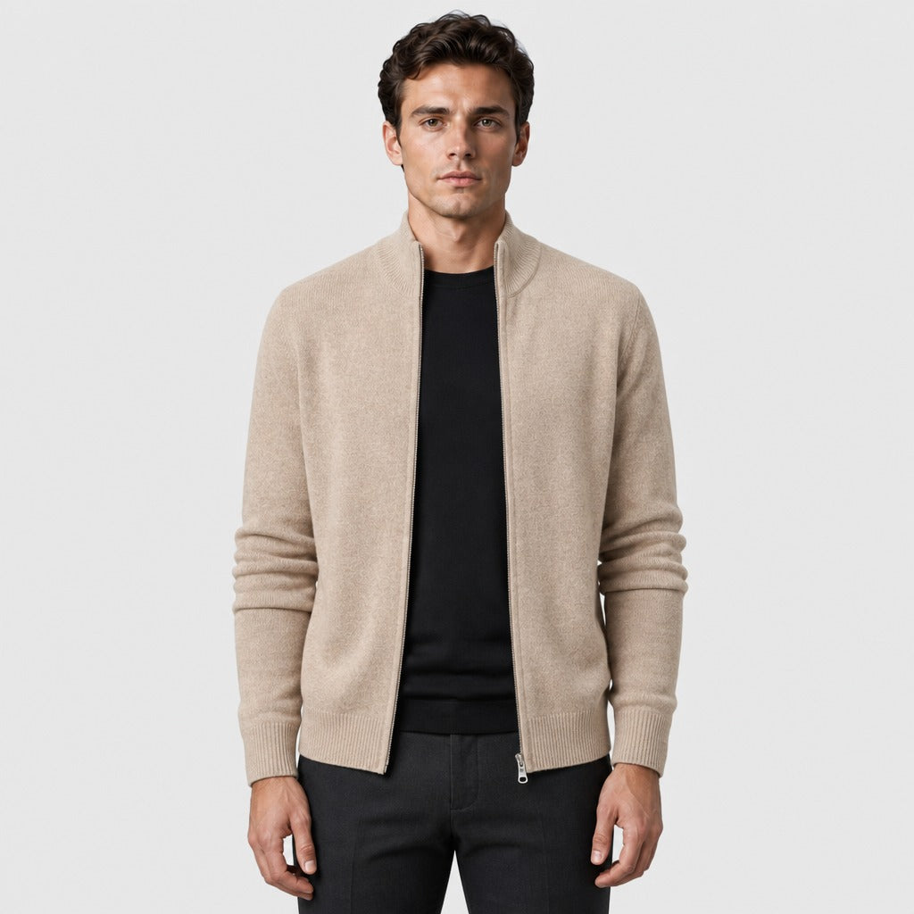 Men’s Fine Wool Roll Neck Zip Cardigan Light Camel front