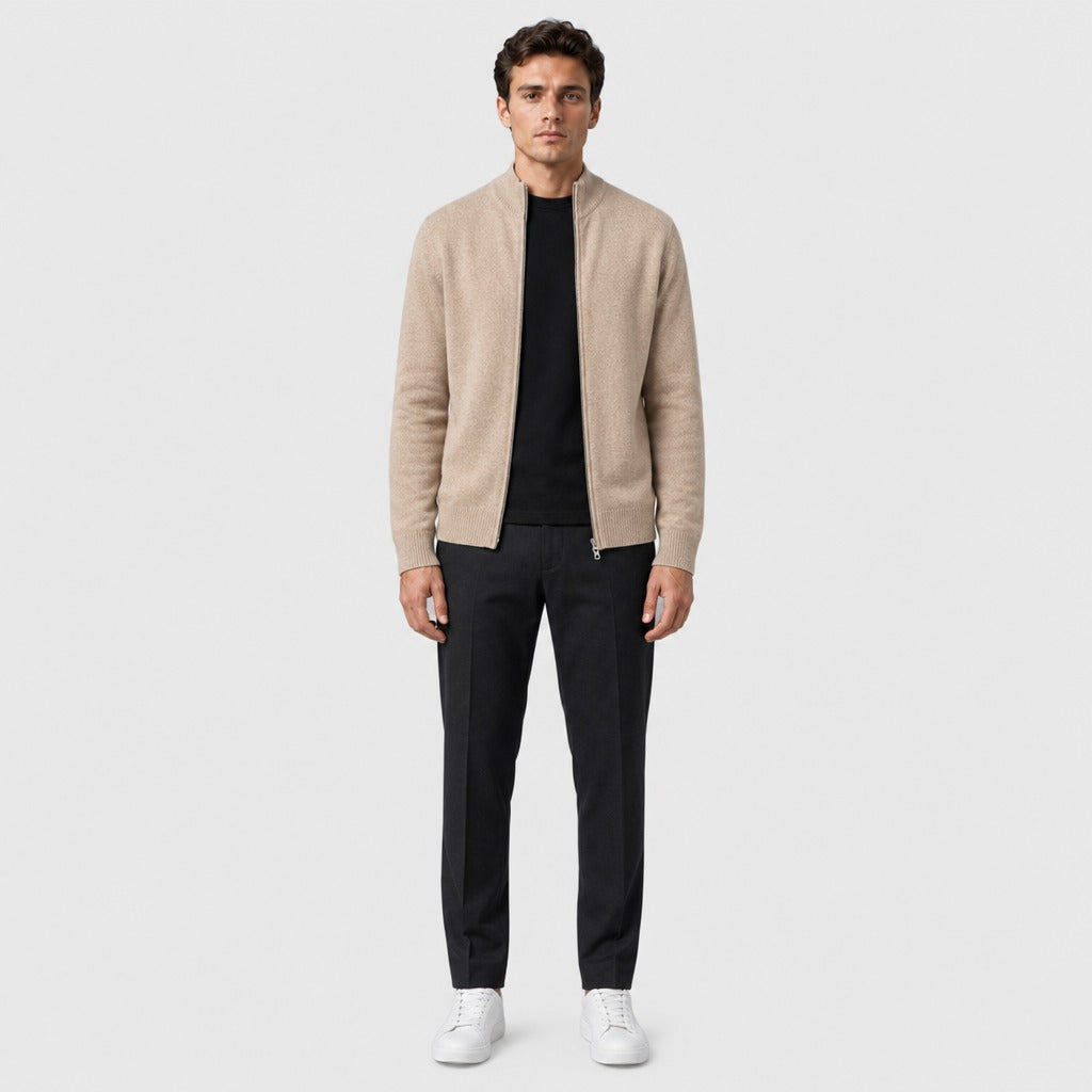 Men’s Fine Wool Roll Neck Zip Cardigan Light Camel full length
