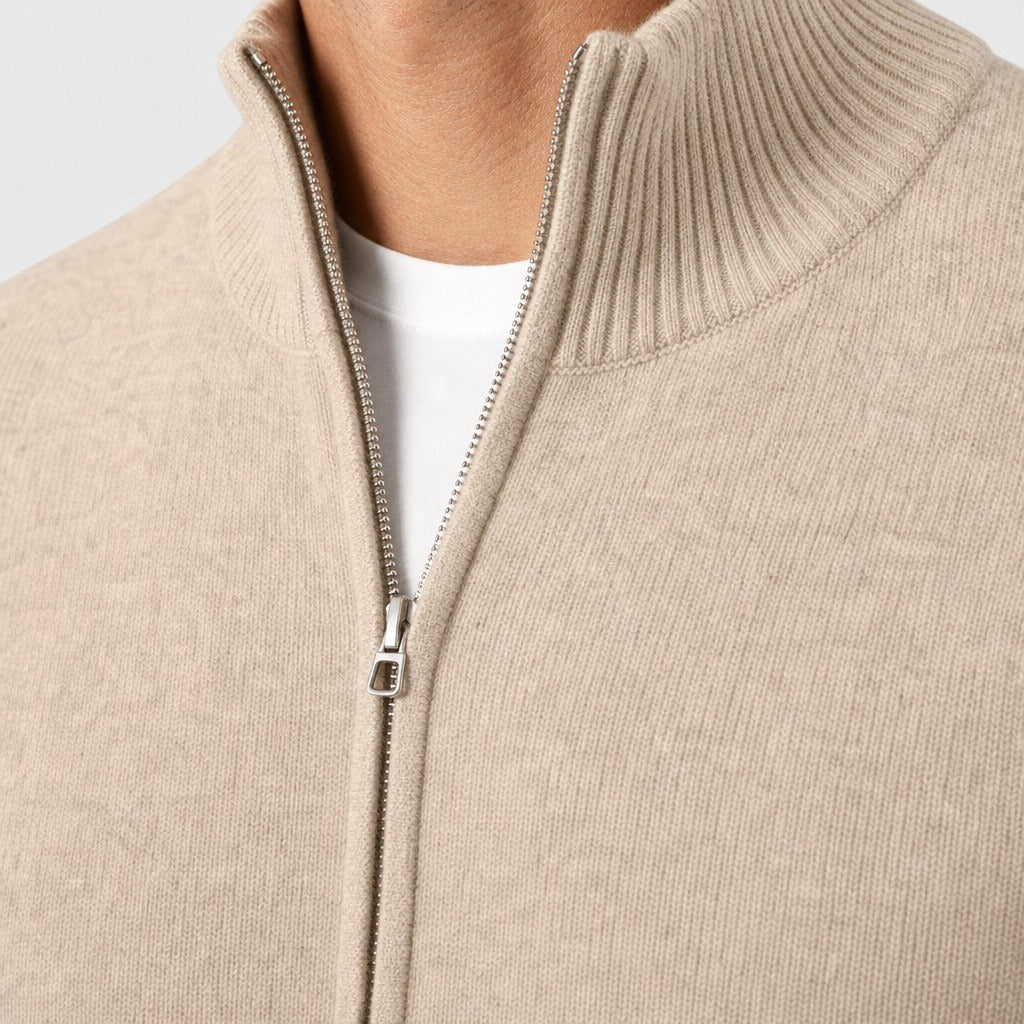 Men’s Fine Wool Roll Neck Zip Cardigan detail