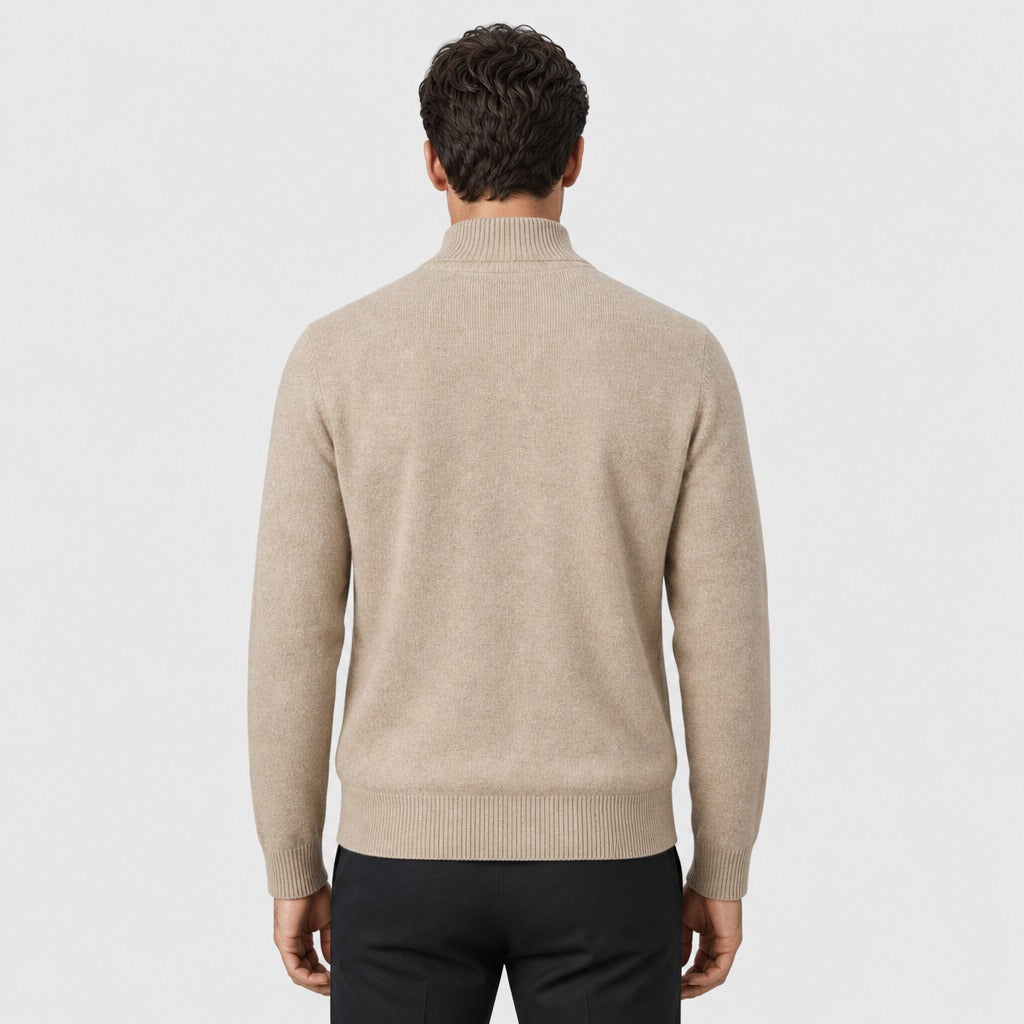 Men’s Fine Wool Roll Neck Zip Cardigan Light Camel back