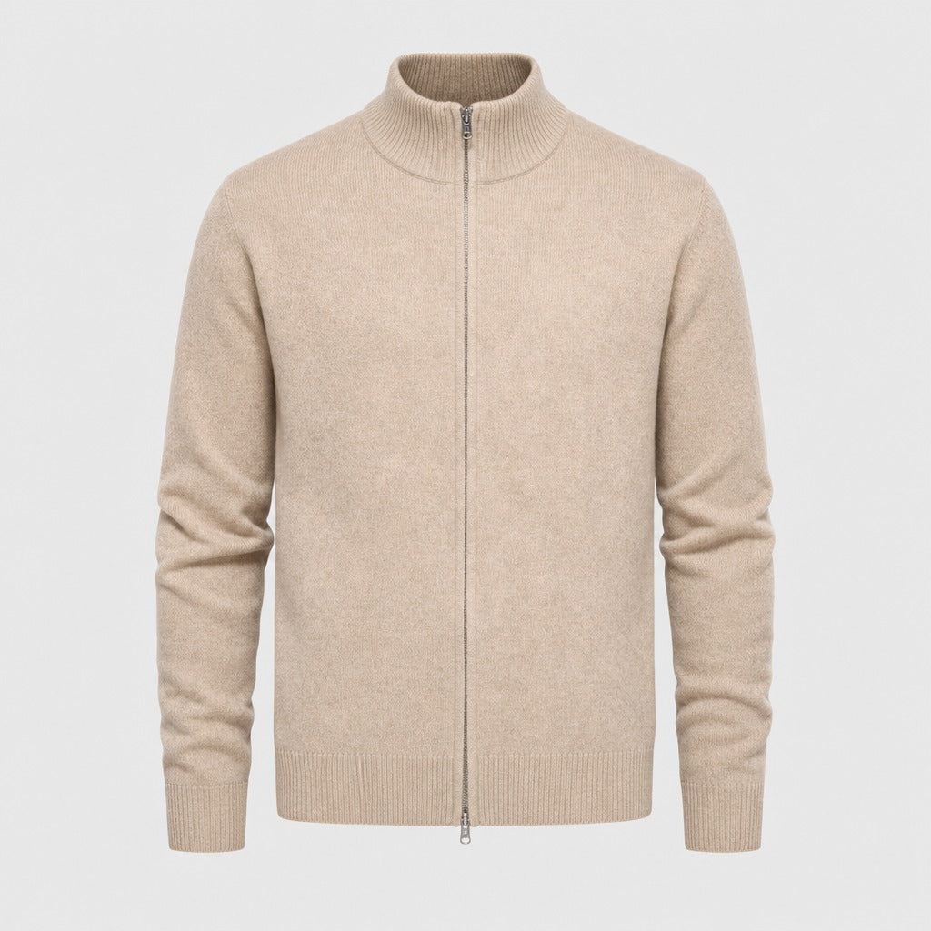 Men’s Fine Wool Roll Neck Zip Cardigan Light Camel product front