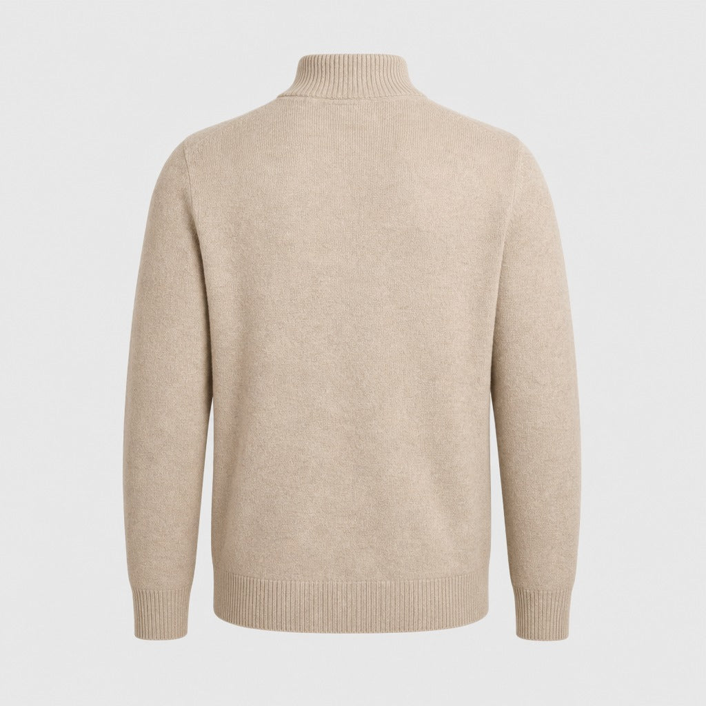 Men’s Fine Wool Roll Neck Zip Cardigan Light Camel product back