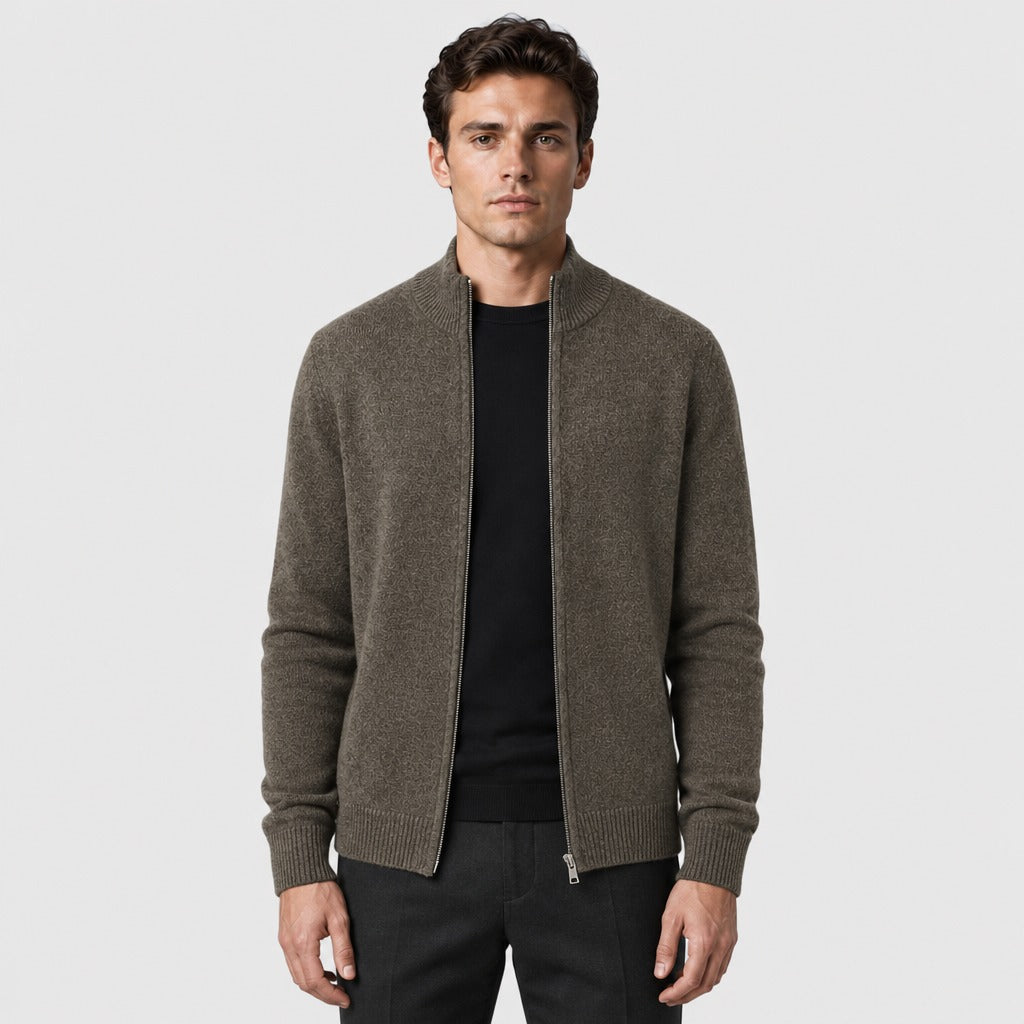 Men’s Fine Wool Roll Neck Zip Cardigan Olive Green