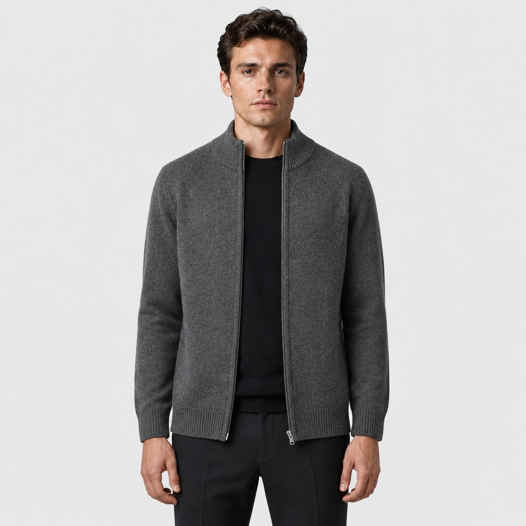 Men’s Fine Wool Roll Neck Zip Cardigan Dark Grey