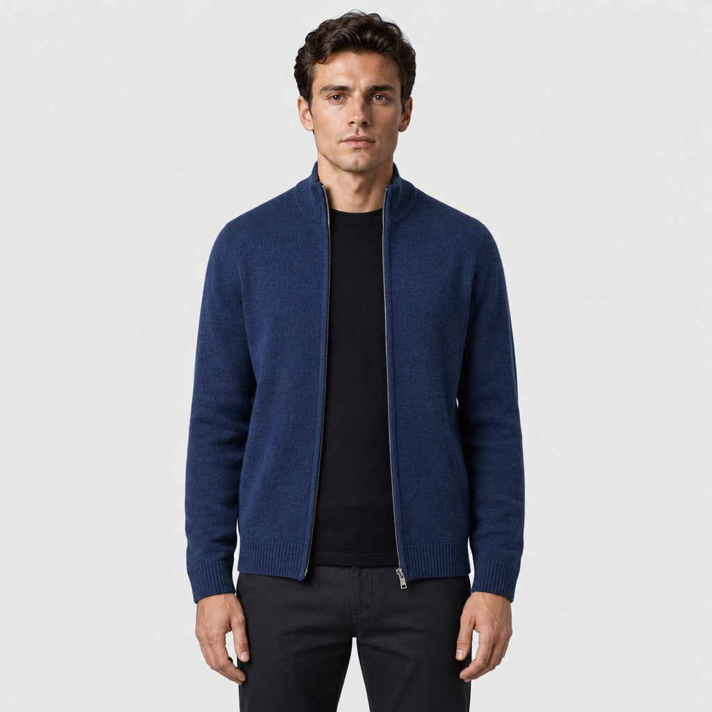 Men’s Fine Wool Roll Neck Zip Cardigan Blue