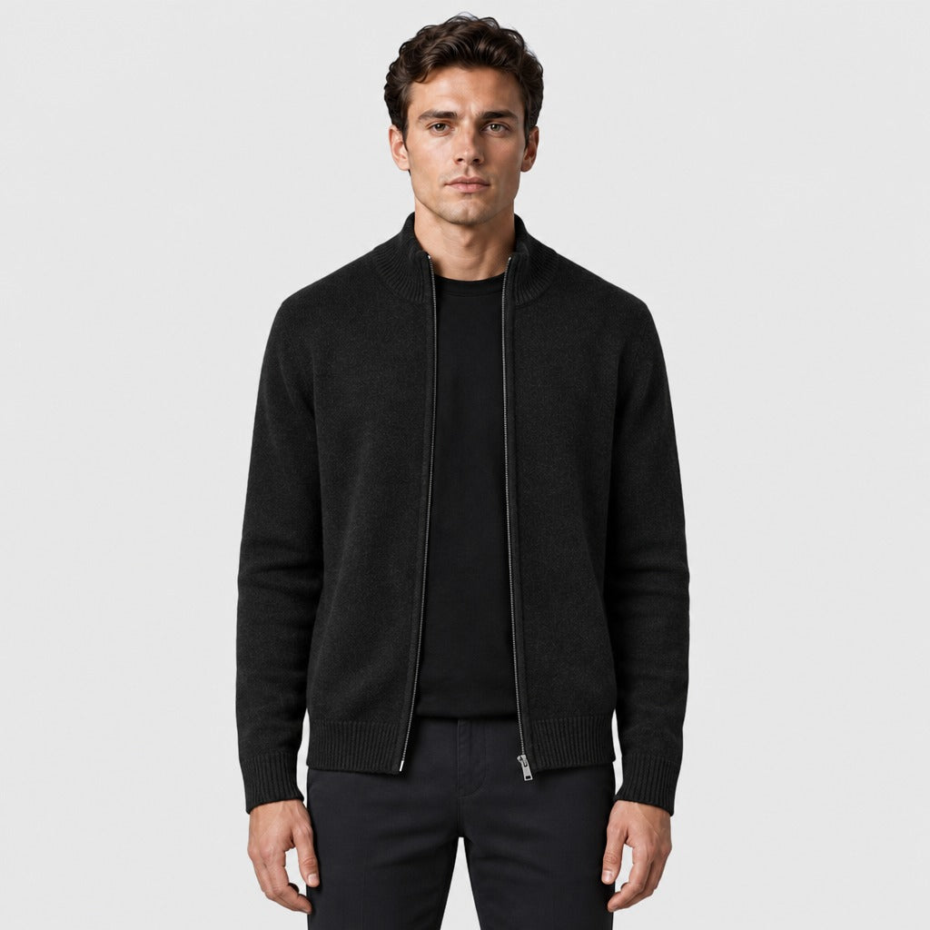 Men’s Fine Wool Roll Neck Zip Cardigan Black