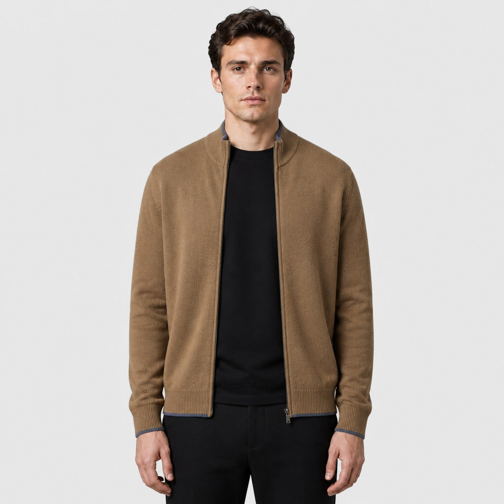 Men’s Fine Wool Stand Collar Zip Jacket Camel front
