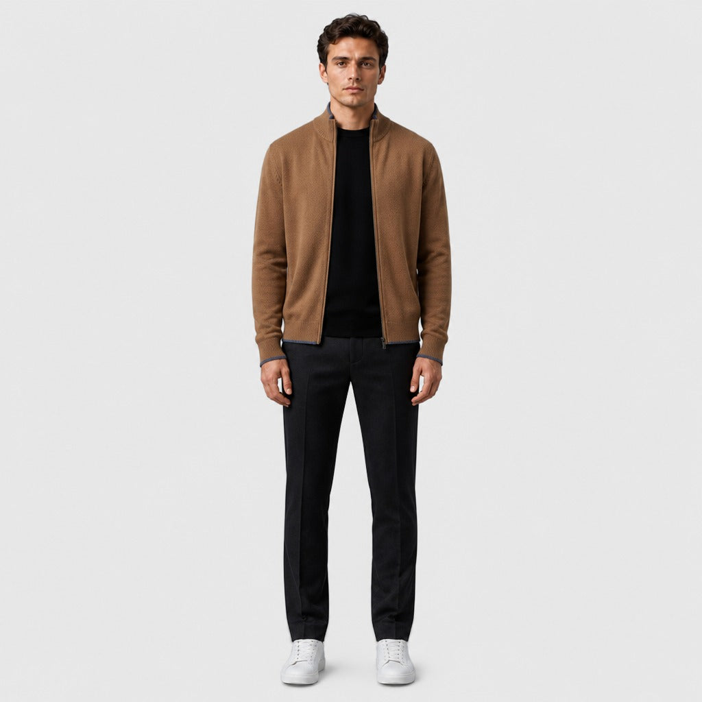 Men’s Fine Wool Stand Collar Zip Jacket Camel full length