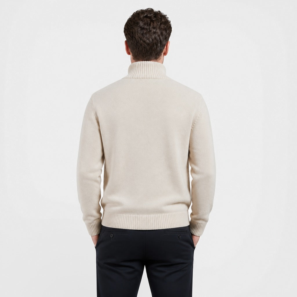 Men’s Fine Wool Zip Roll Neck Jumper Khaki back