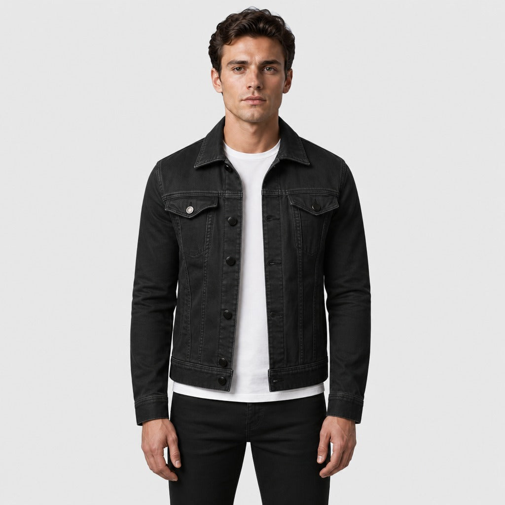 Men’s Fitted Denim Trucker Jacket Black front