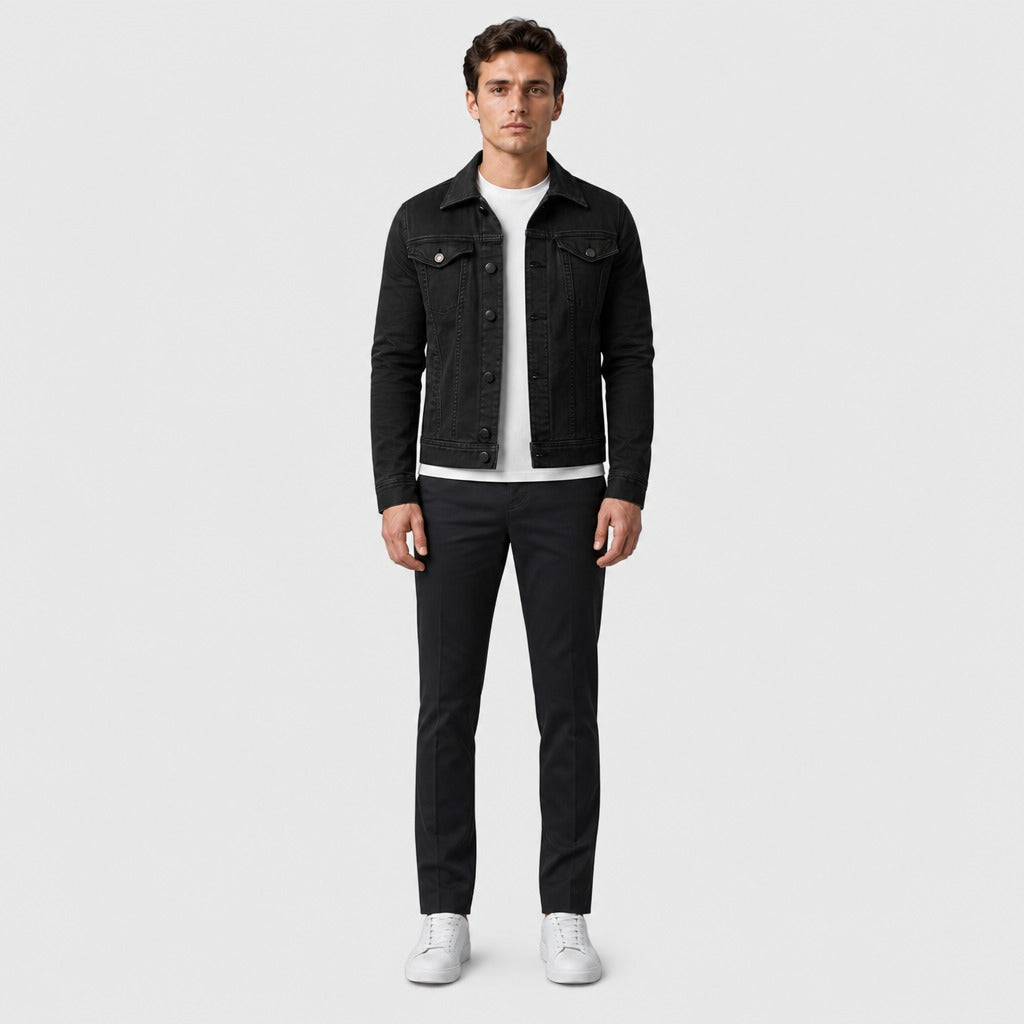 Men’s Fitted Denim Trucker Jacket Black full length