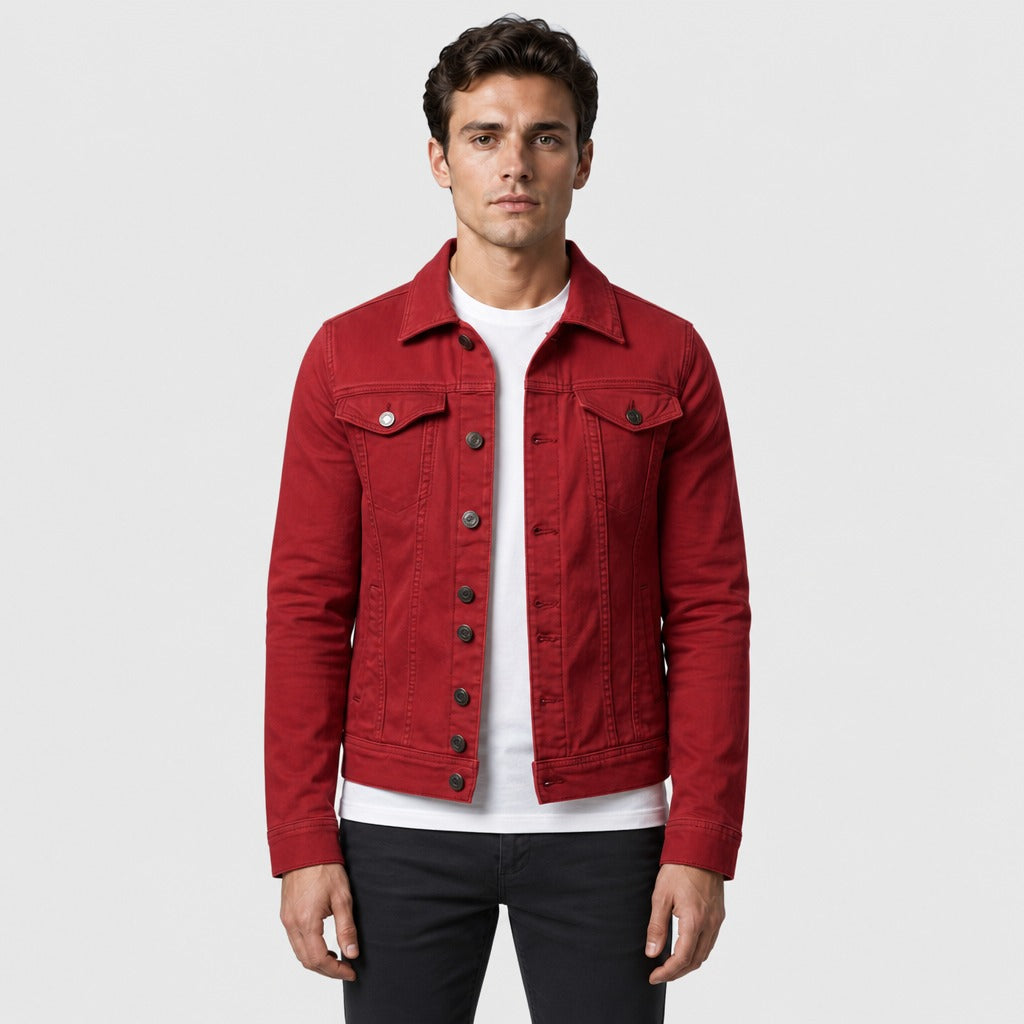 Men’s Fitted Denim Trucker Jacket Red