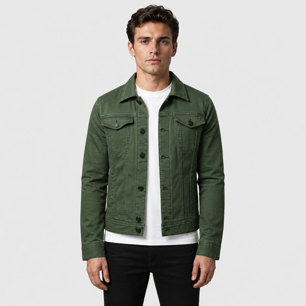 Men’s Fitted Denim Trucker Jacket Army Green
