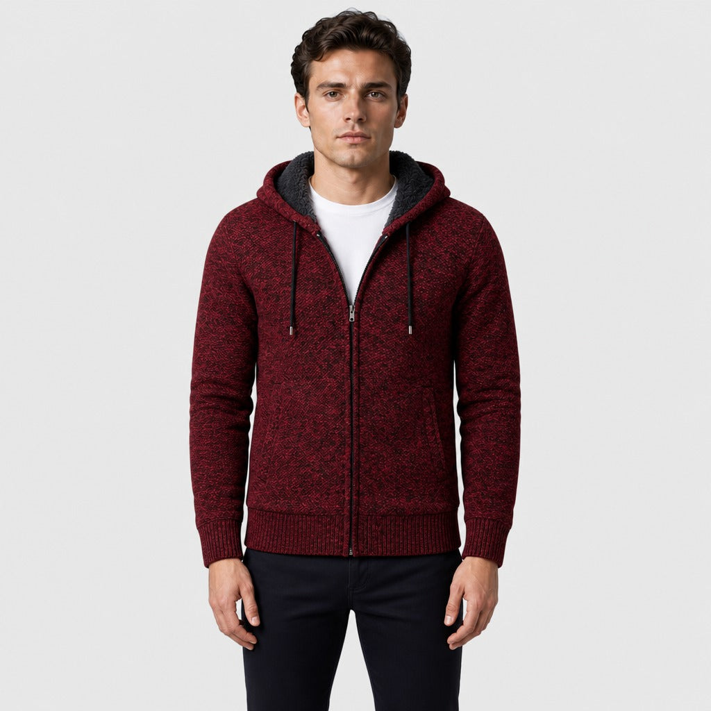 Men’s Fleece-Lined Hooded Zip Cardigan Wine Red