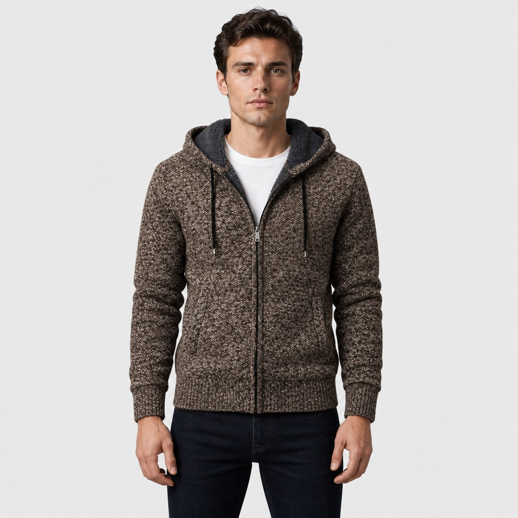 Men’s Fleece-Lined Hooded Zip Cardigan Coffee Brown