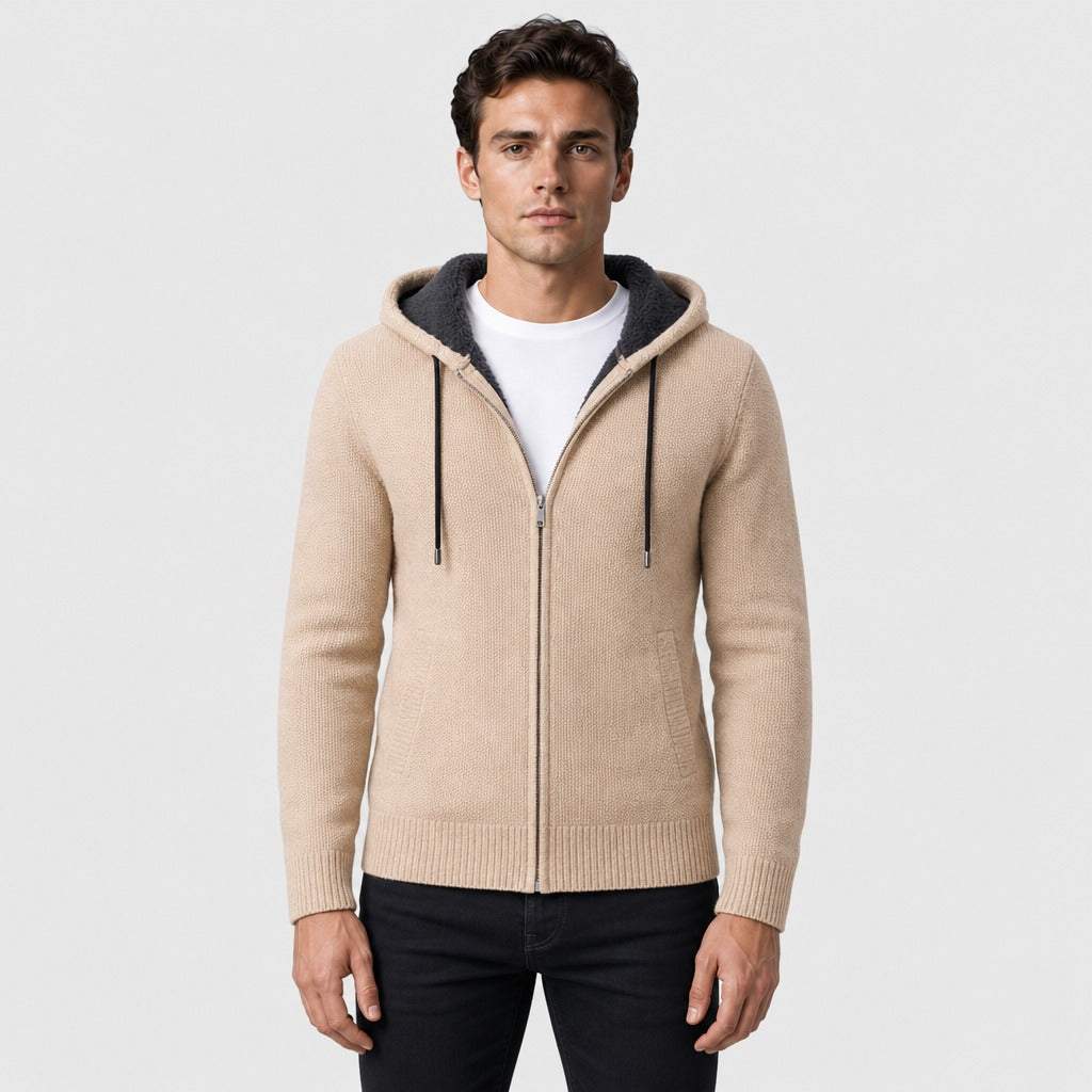 Men’s Fleece-Lined Hooded Zip Cardigan Beige
