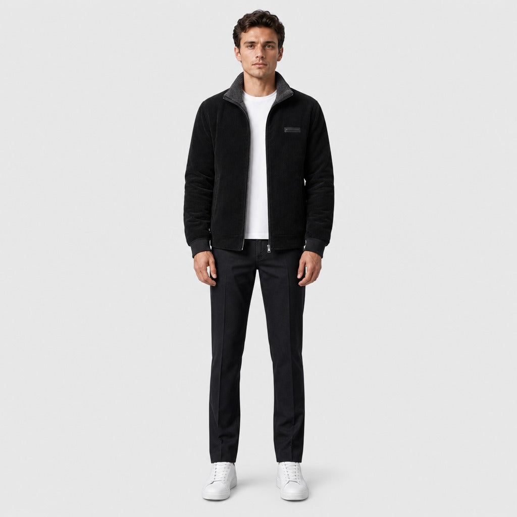 Men’s Fleece Zip-Up Jacket with Stand Collar Black full length