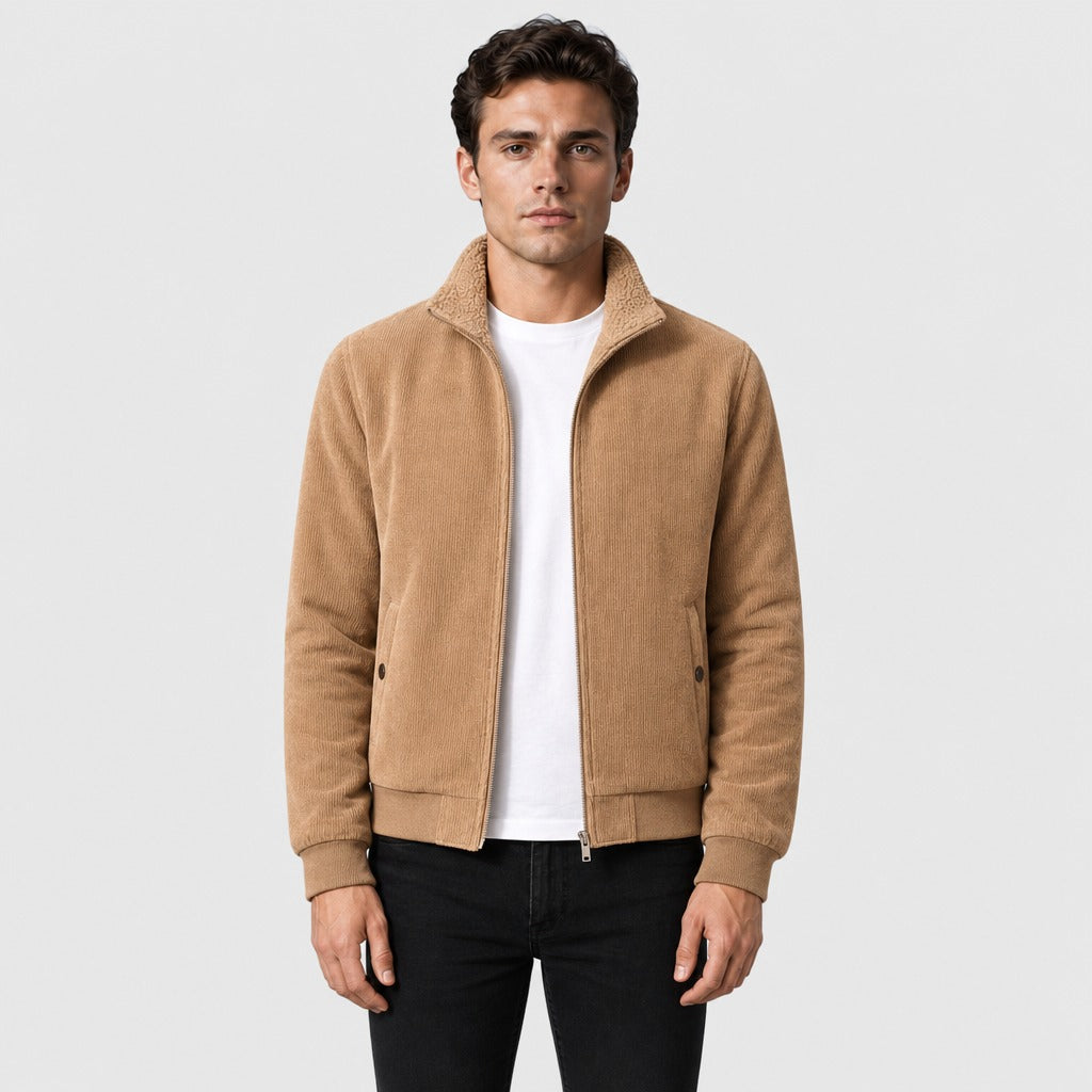 Men’s Fleece Zip-Up Jacket with Stand Collar Khaki
