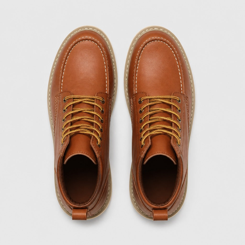 Men’s Genuine Leather Lace-Up Combat Boots Khaki top view