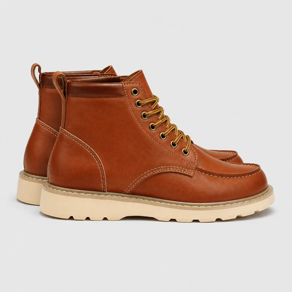 Men’s Genuine Leather Lace-Up Combat Boots Khaki side view