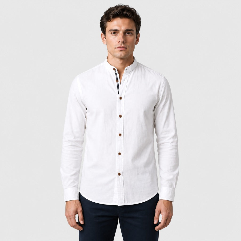 Men’s Grandad Collar Long Sleeve Shirt White front