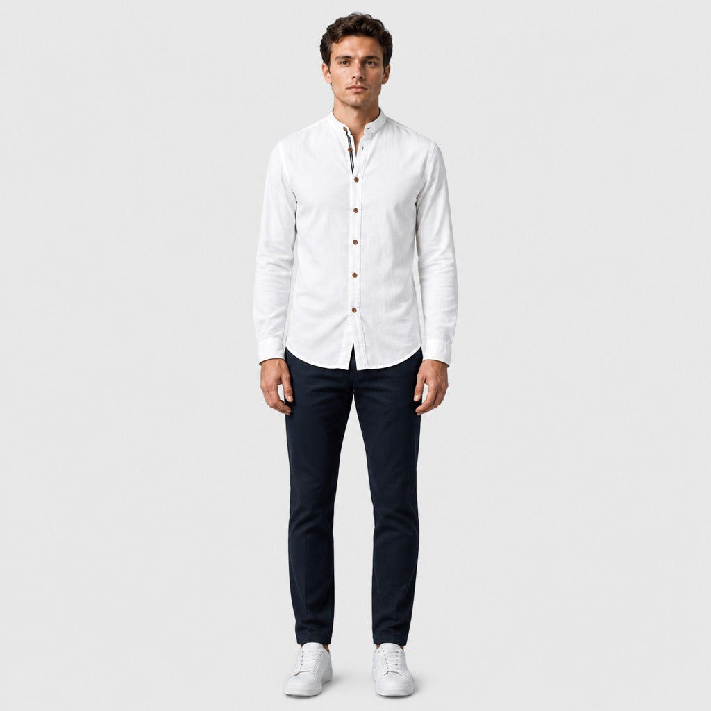 Men’s Grandad Collar Long Sleeve Shirt White full length