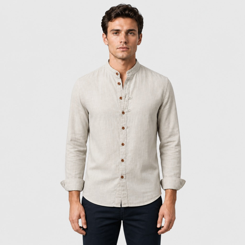 Men’s Grandad Collar Long Sleeve Shirt Light Grey
