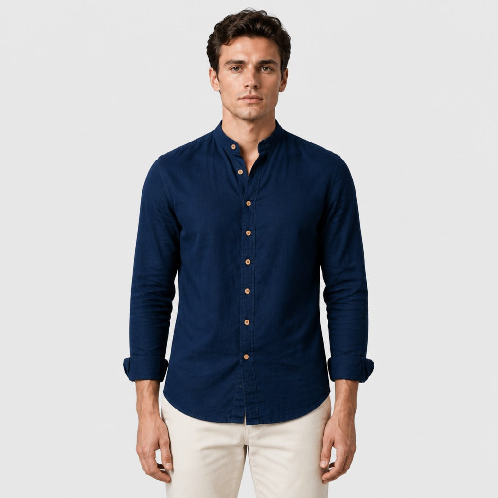Men’s Grandad Collar Long Sleeve Shirt Navy Blue