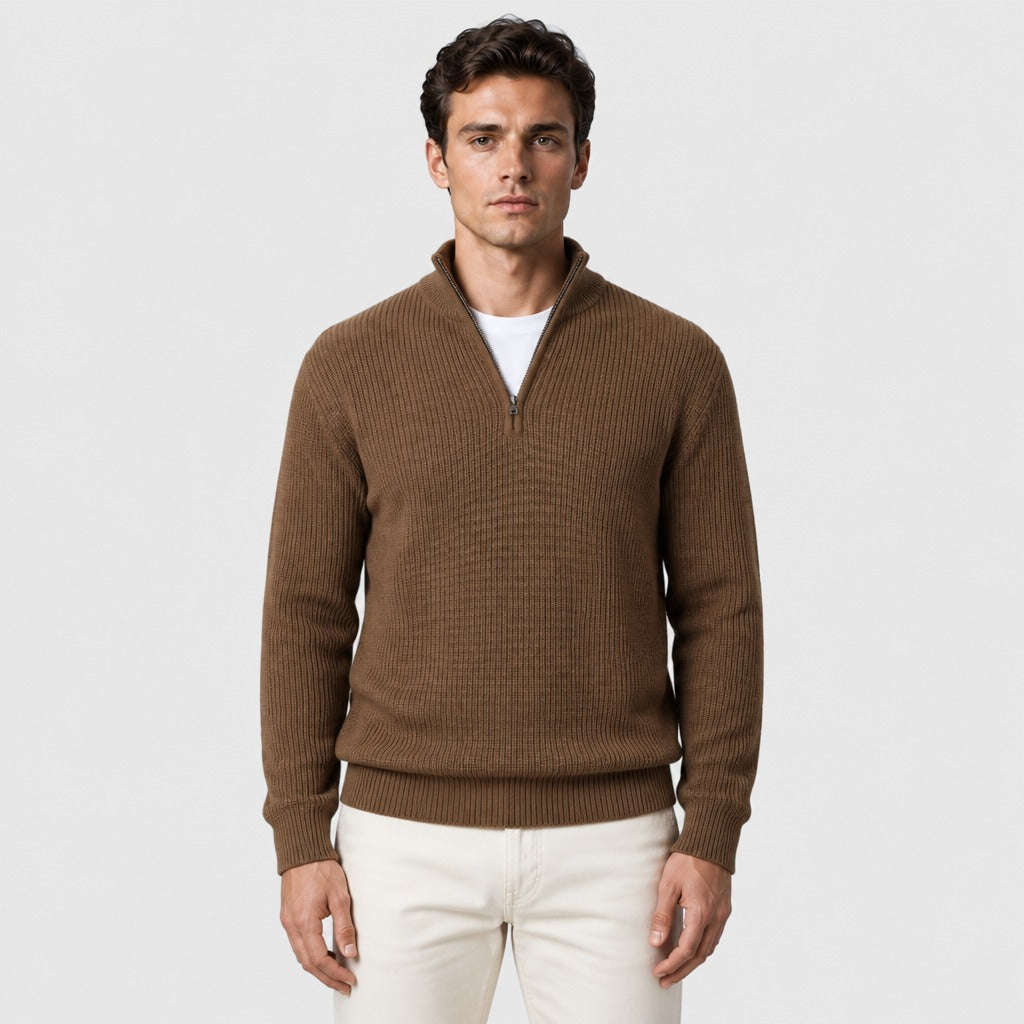 Men’s Half-Zip Knit Jumper with Collar Brown
