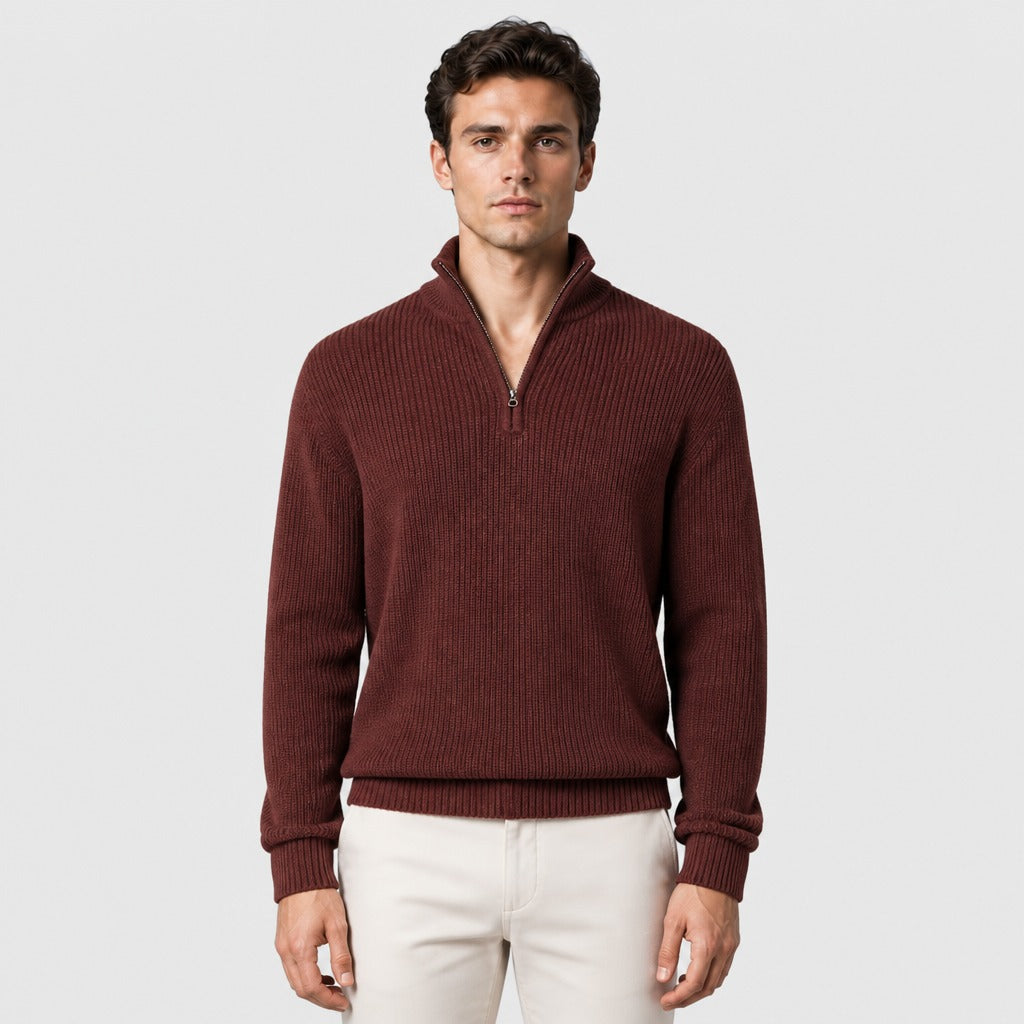 Men’s High Collar Zip Knit Jumper Red front