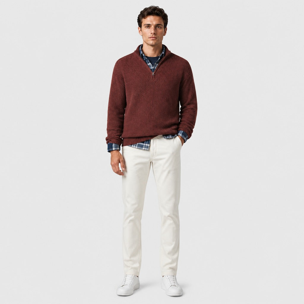 Men’s High Collar Zip Knit Jumper Red full length