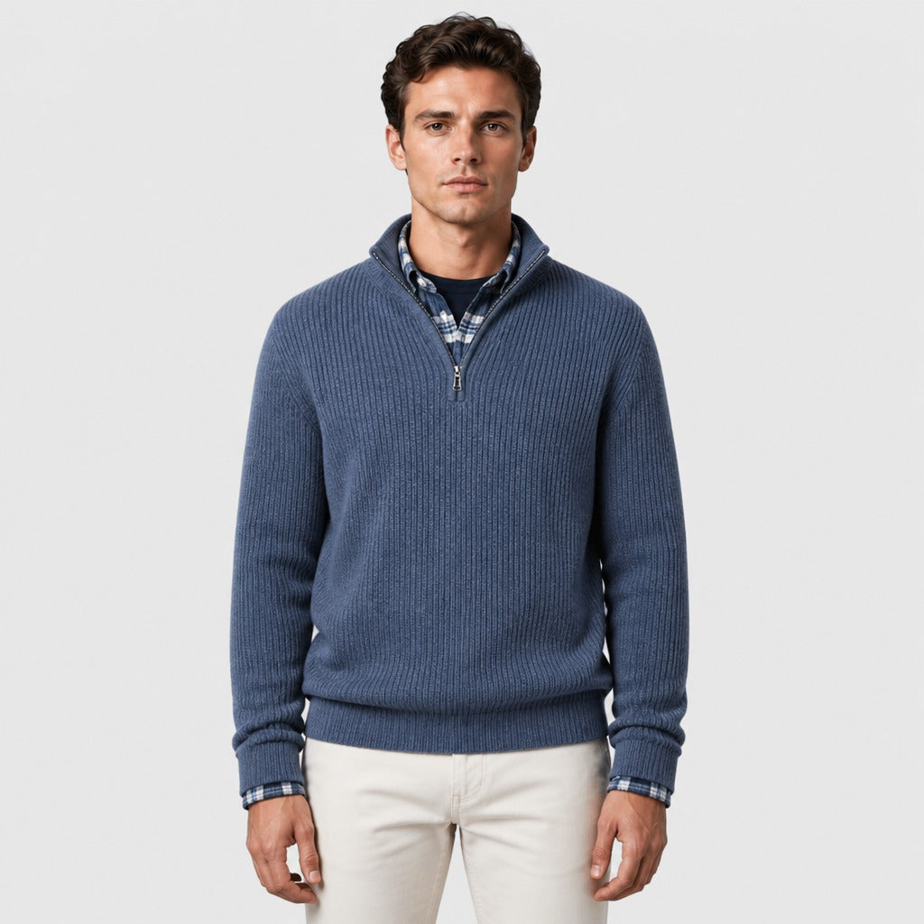 Men’s High Collar Zip Knit Jumper Blue