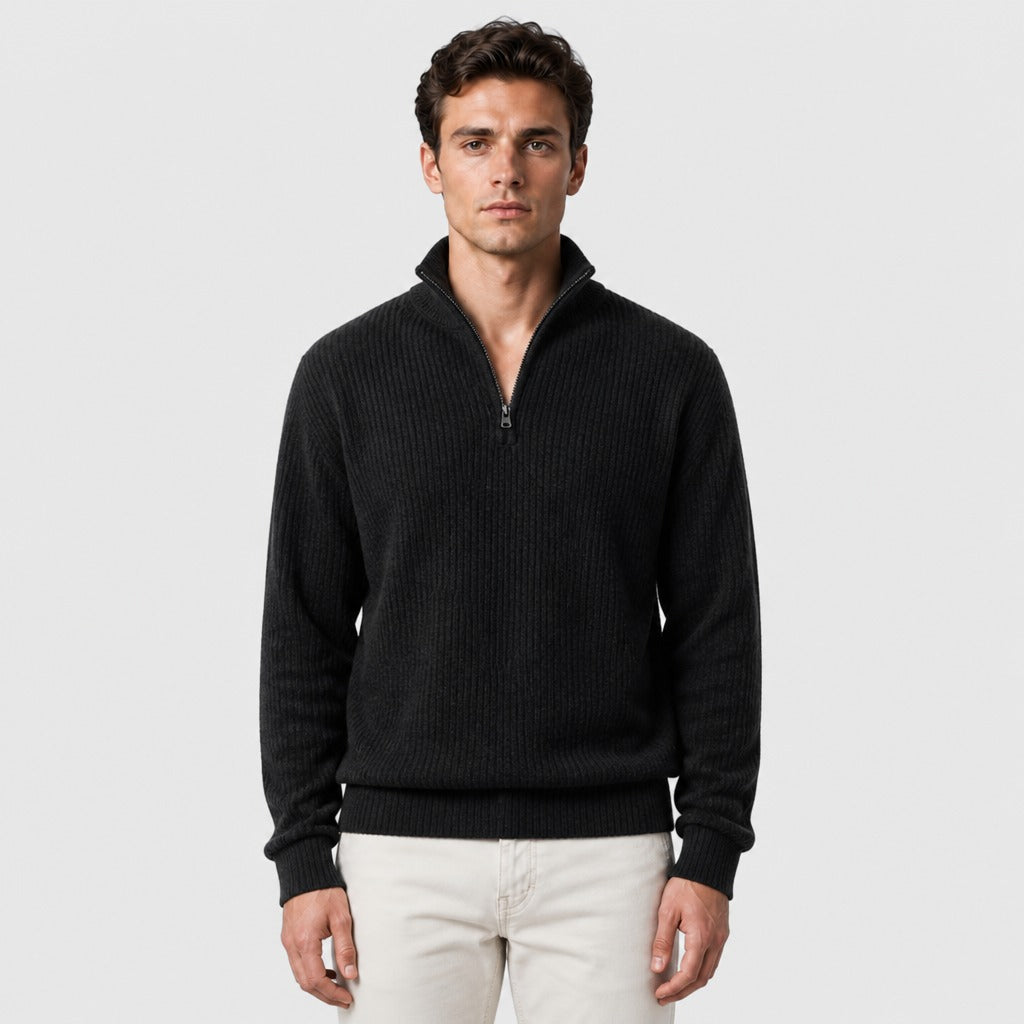 Men’s High Collar Zip Knit Jumper Black
