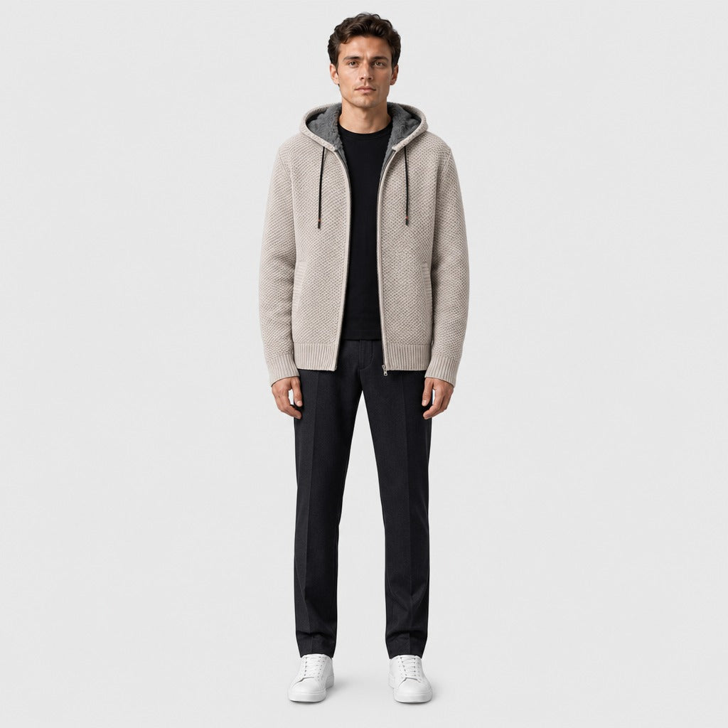 Men’s Hooded Fleece Zip Jacket Beige full length