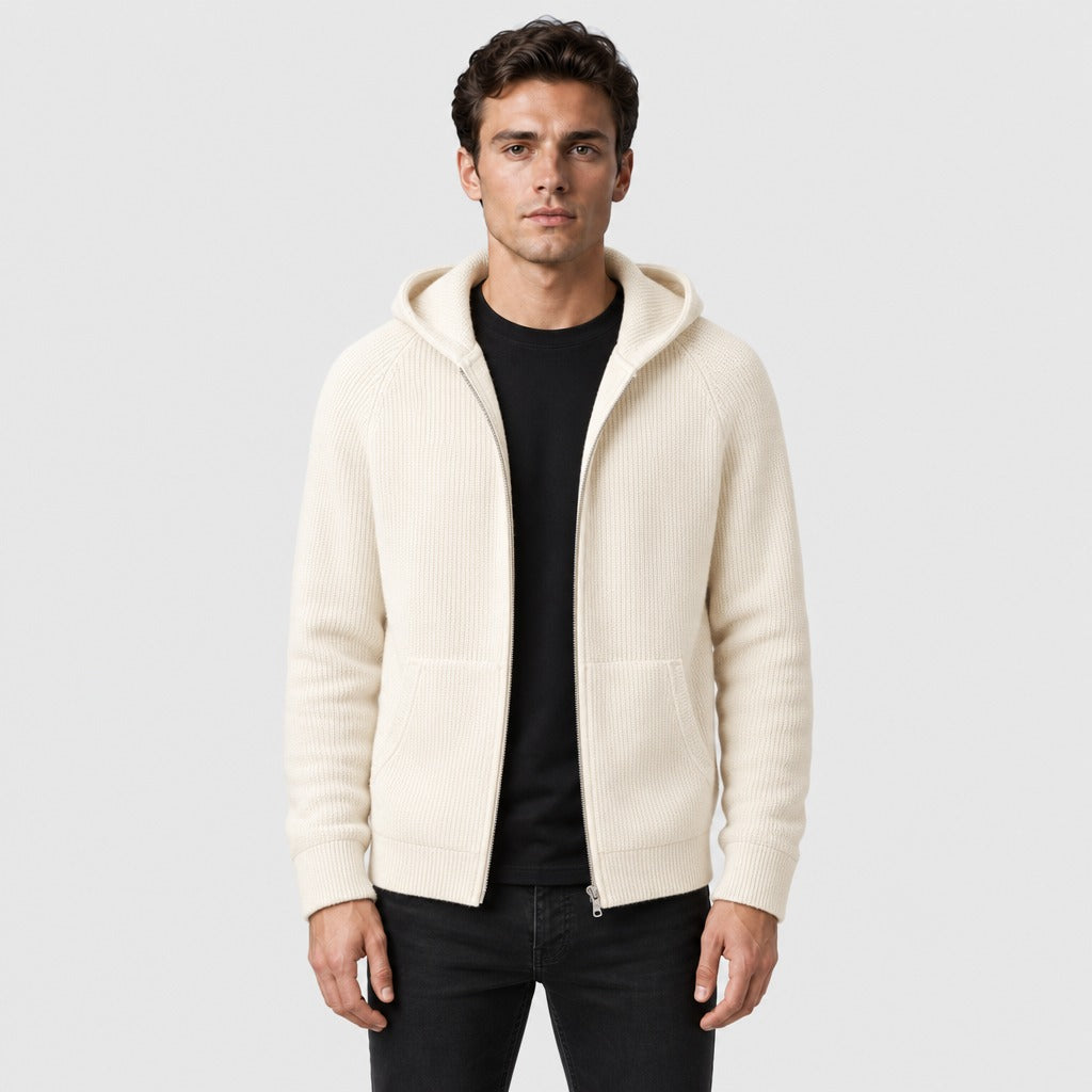 Men’s Hooded Knitted Wool Zip Jacket Cream front