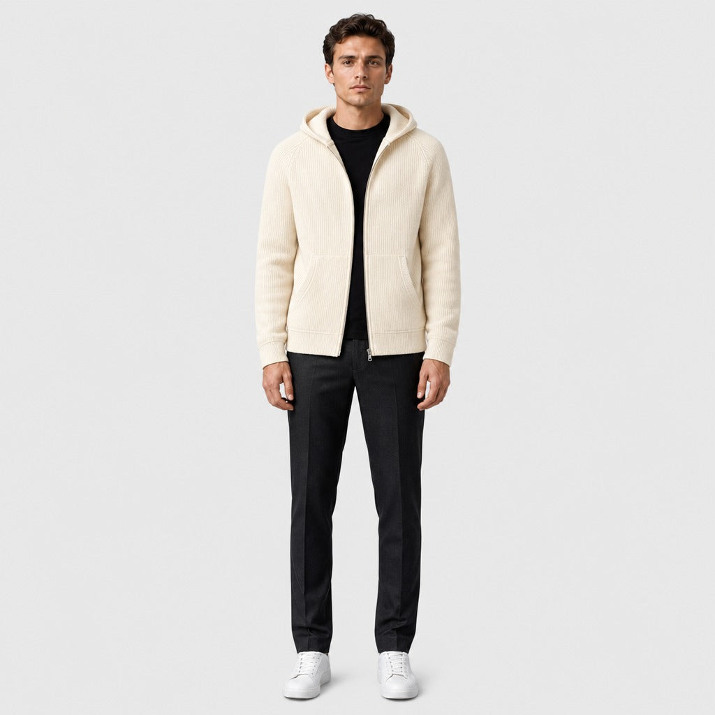 Men’s Hooded Knitted Wool Zip Jacket Cream full length