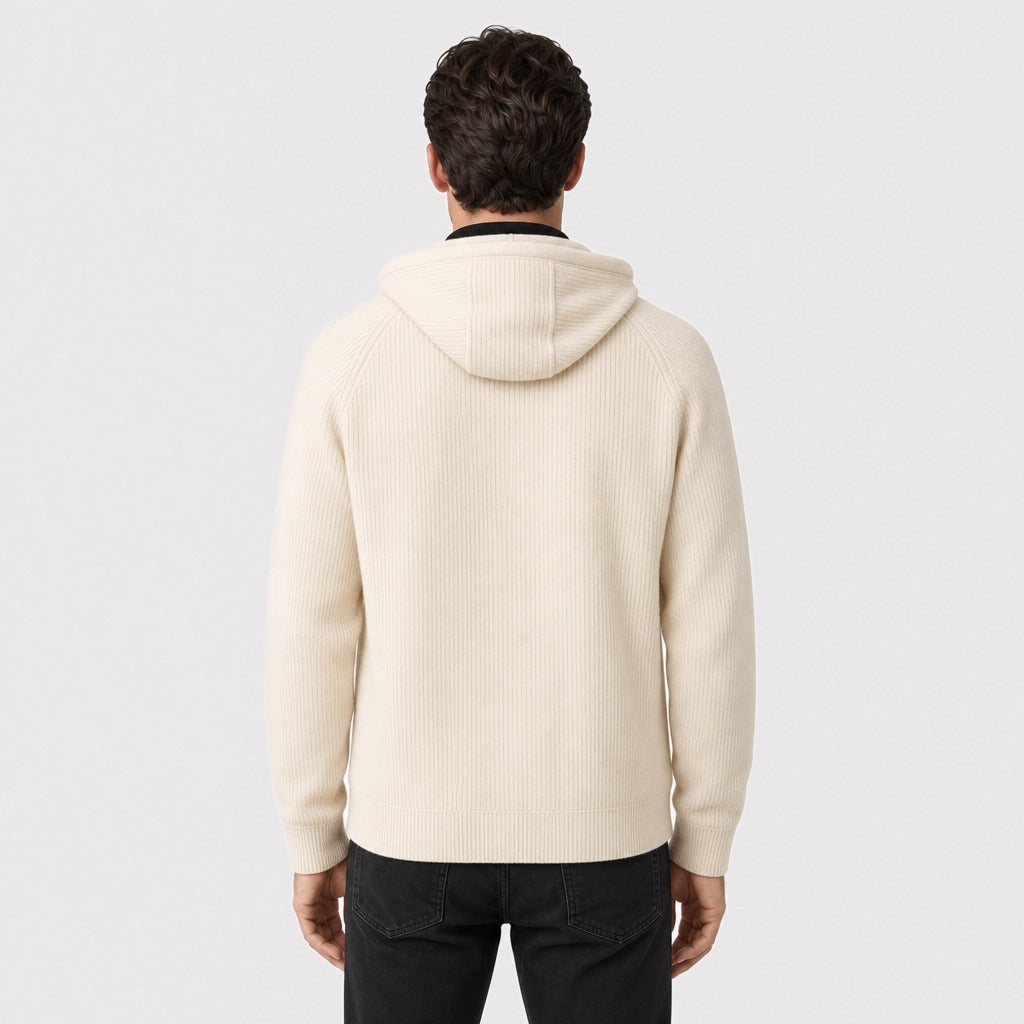 Men’s Hooded Knitted Wool Zip Jacket Cream back