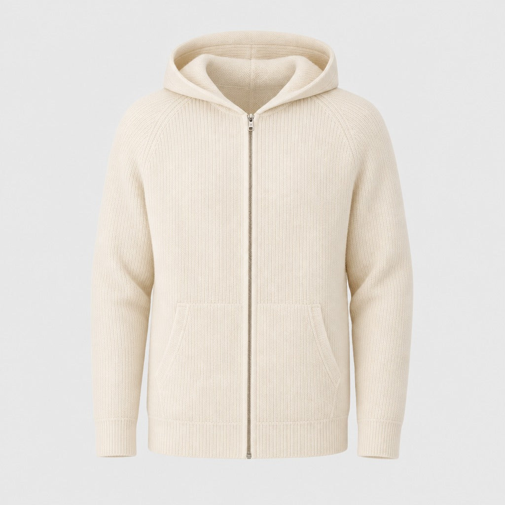 Men’s Hooded Knitted Wool Zip Jacket Cream product front