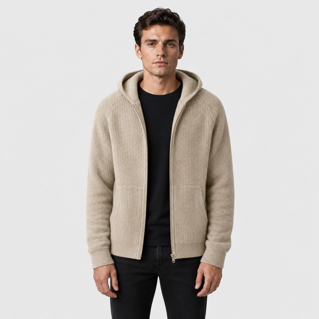 Men’s Hooded Knitted Wool Zip Jacket Camel