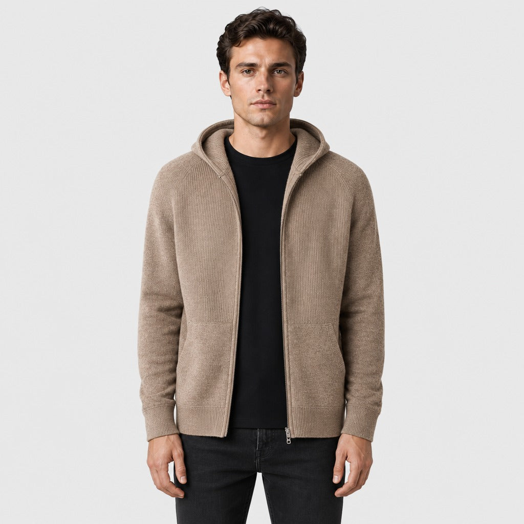 Men’s Hooded Knitted Wool Zip Jacket Brown