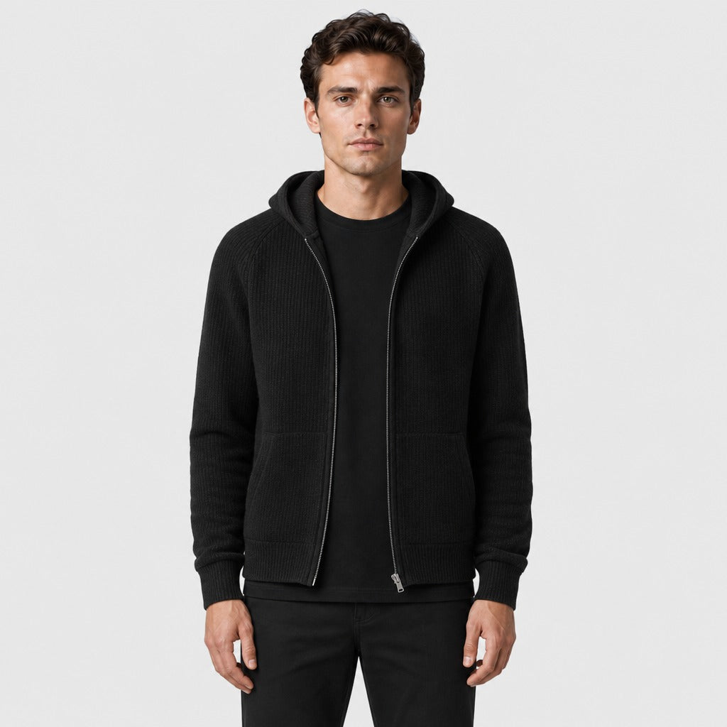 Men’s Hooded Knitted Wool Zip Jacket Black