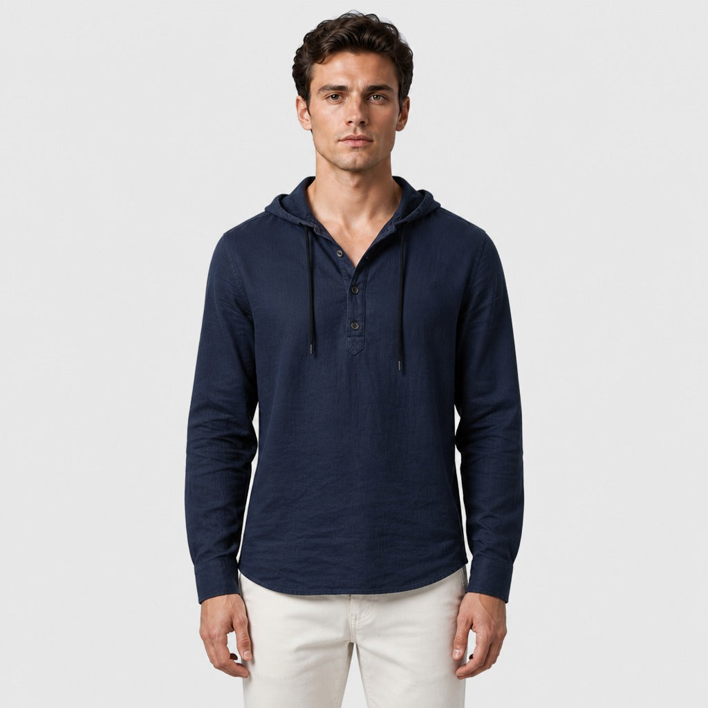 Men’s Hooded Long Sleeve Henley Top Navy Blue front